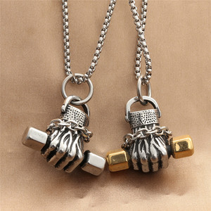 Stainless Steel <b>Dumbbell</b> Hand Pendant Necklace Men Punk Retro Style 60cm 70cm Chain Gift Jewelry - Product Image 2