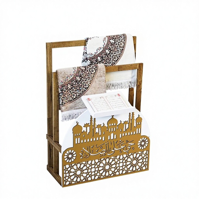 Elegant Double Rectangular Wooden Quran Stand Hijab Rack Prayer Mat Holder-Islamic Home Decor Storage Eco-Friendly Machine Made