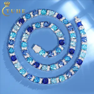 Summer Jewelry Non Tarnish 925 Sterling Silver VVS Moissanite Gradient Blue Baguette CZ Diamond Cluster Tennis Chain Necklace