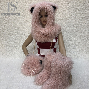 Femmes Hiver Mode Mongolie Bottes <span class=keywords><strong>de</strong></span> neige en fourrure <span class=keywords><strong>de</strong></span> mouton Faux Fur Purse Bags Fur Cap Hats Plush Warm Fluffy Hairband <span class=keywords><strong>Ski</strong></span> Hats Sets - Product Image 5