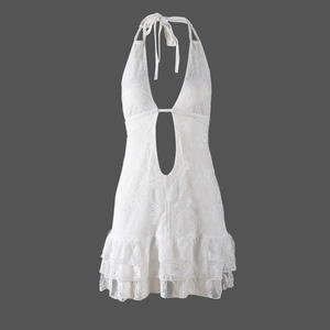 Robes pour femmes Viviblook Z103DS02, nouvelle robe mini à volants sexy à bretelles, col en V profond, dos nu, en dentelle - Product Image 6