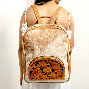 LW Stylish Hot Fashion Hand Tooled Cowhide Fur Leather <b>Backpack</b> Carving Design Water Resistant Magnetic Buckle Closure Summer - Product Image 1