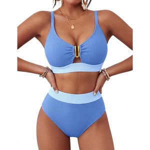Conjunto de bikini de cintura alta para mujer, traje de baño de dos piezas acanalado con cuello en V y espalda con cordones, verano 2026 - Product Image 1