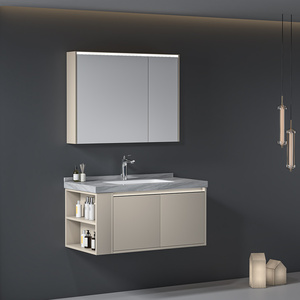 <span class=keywords><strong>Mobile</strong></span> <span class=keywords><strong>Bagno</strong></span> Sospeso di Lusso a 2 Ante, Grande Capacità, con Lavabo Integrato, Laccato Grigio Chiaro, con Illuminazione Laterale Rotonda - Product Image 4