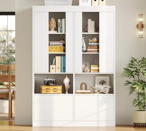 70.7 Inch Tall White Bookshelf with Doors, <strong>Large</strong> Storage Bookcase, Acrylic Door <strong>Shelving</strong> <strong>Unit</strong> for Home Living Room and Office - Product Image 1