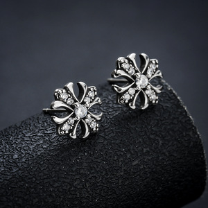 Silver Plated Punk Rock Gothic Luxury <strong>Mens</strong> Jewelry Iced Out Hip Hop Floral <strong>Cross</strong> Micro Pave CZ Copper Stud <strong>Earrings</strong> - Product Image 1