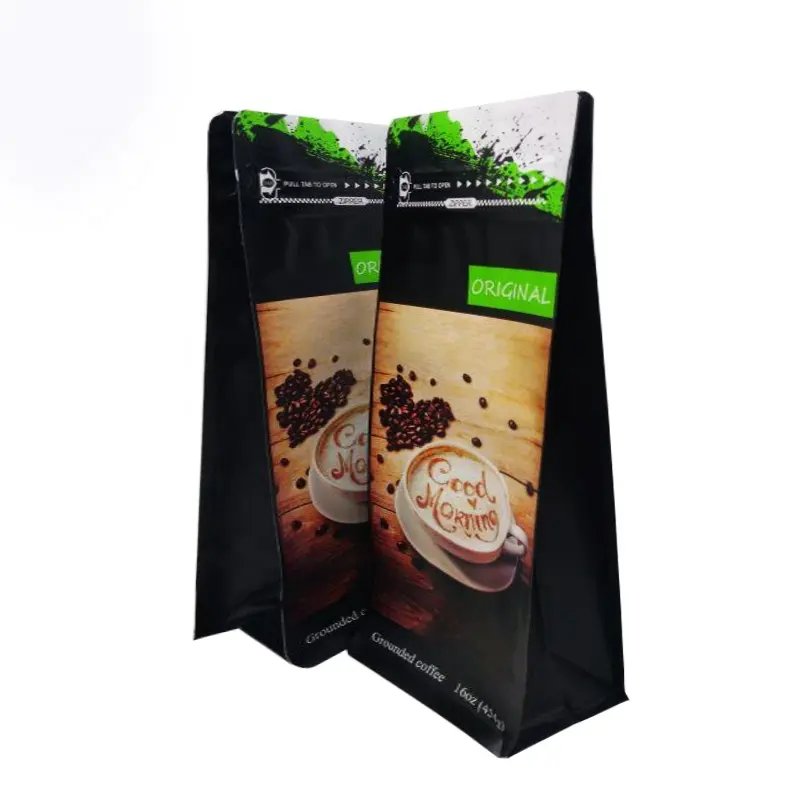 Bio Pla biyobozunur siyah kahve poşetleri vana ve fermuar ile özel kağıt ambalaj düz alt kahve çekirdeği torbası