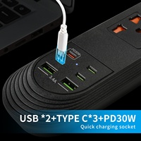 Multiprise USB à charge rapide PD30W 10A, cordon d'extension de 1,8 mètre, boîtier ignifuge, interrupteur de protection contre les surcharges