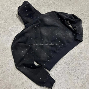 Sweat-shirt en molleton français surdimensionné personnalisable, Hoodie court imprimé, Fabricant de hoodies, Hoodie noir délavé à l'acide avec strass - Product Image 5