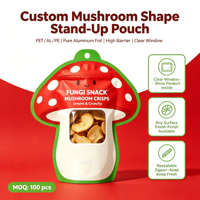 Pochette à fermeture éclair de forme spéciale personnalisée, pour chips aux champignons, avec fenêtre transparente, haute barrière, refermable, emballage alimentaire de qualité supérieure, 35g, sans BPA