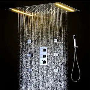 Banyo led yağış duş seti 360*500mm gömülü tavan yağmur duş seti termostatik ayrıştırma vanası ile masaj vücut jetleri