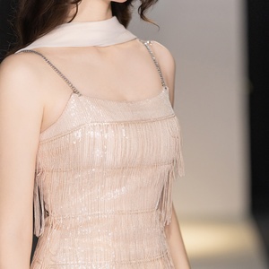 Robe de soirée à franges et paillettes, champagne, sans manches, col <span class=keywords><strong>carré</strong></span>, longue robe de soirée pour femmes avec écharpe en soie - Product Image 6