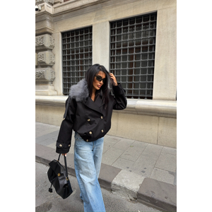 Long <b>Vintage</b> Trench <b>Coat</b> with Black PU Leather and Faux <b>Fur</b> Collar Double-Breasted Waterproof Cotton-Padded Print Decoration - Product Image 3