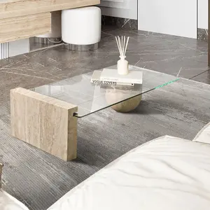 Mesa de chá em pedra natural minimalista italiana, mobília de sala de estar, pernas personalizadas, mesa de centro em travertino de vidro temperado