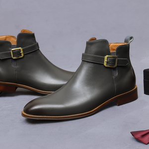 Botas de cuero de moda para hombre, botas formales de negocios con hebillas y cremallera, botas cortas de cuero genuino, zapatos de oficina para hombre - Product Image 3