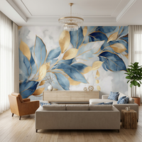 Papier peint mural auto-adhésif imperméable de luxe bleu or à motifs aquarelle pour la décoration murale de la maison, du salon et de la chambre