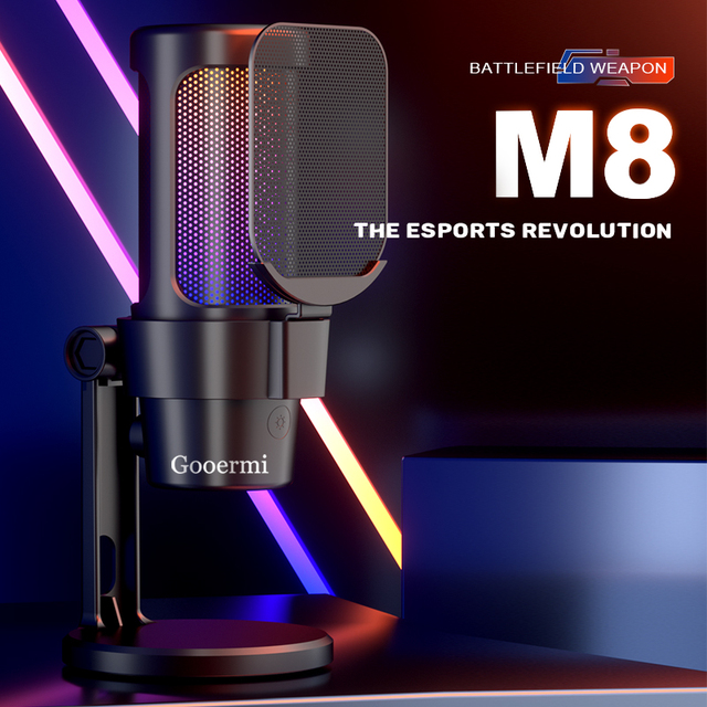 Gooermi M8 Condenser Microphone for PC Gaming Quick Mute RGB Light Pop Filter Shock Mount-Omni-Directional Desktop Style