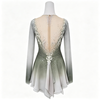 Robe de patinage artistique à col en V, dégradé gris-vert, à manches longues, en tissu maillé, pour compétition et spectacle sur glace, pour adultes et enfants