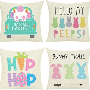 Ensemble de housses de coussin de Pâques 4 pièces en lin et coton, motif floral, lapin mignon, œufs décoratifs, décoration d'intérieur, lavable, carré - Product Image 5
