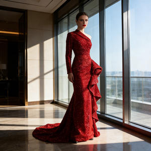 Red One Shoulder Sequined Mermaid Natural Sweep Evening Party <strong>Dresses</strong> For Classic Wedding Gowns For Women - Product Image 4