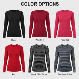 <b>Wool</b> Striped Women's Outdoor Long Sleeve T-Shirt Crew Neck Sports <b>Base</b> <b>Layer</b> Custom Logo Premium Soft Warm Breathable Hiking Tee - Product Image 4