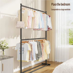 Porte-vêtements double couche en fer gain de place, à poser au sol, armoire portable avec <span class=keywords><strong>tringle</strong></span> de suspension et étagères, pliable pour chambre et bureau - Product Image 5