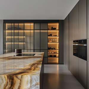 Conception de cuisine modulaire en mélamine à texture de bois foncé en forme de L et en forme de U, design moderne sans poignée - Product Image 5