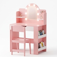 Ensemble de coiffeuse pour enfants en bois avec miroir à LED, table de maquillage pour tout-petits, plateau amovible, armoire de rangement cachée et 2 portes