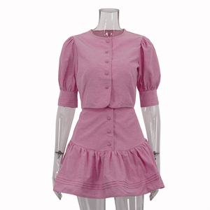 2025 boutonné haut court chemise et volants taille haute a-ligne Mini jupe <span class=keywords><strong>rose</strong></span> coton 2 pièces décontracté été ensembles pour les femmes - Product Image 4