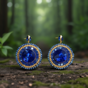 Crystal <b>Earrings</b> <b>Blue</b> Round <b>Studs</b> PVD Gold Plated 316L Stainless Steel Sustainable Resistant Jewelry - Product Image 3