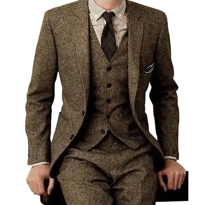 Herringbone Tweed Men Suits Winter Wool Fashion Groom Tuxedos New Design Blazer Vest Pants Men 3 Piece Suits