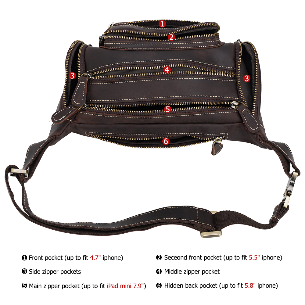 TIDING Vintage Brown Crazy Horse Leather Waist Bag – Large Capacity Cowhide Fanny Pack - View 6