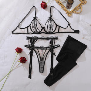 Conjunto de Lencería Sexy Transparente para Mujer, de Tres Piezas, con Apliques Florales Solubles en Agua, Malla Transparente, Ropa Interior Sexy - Product Image 6