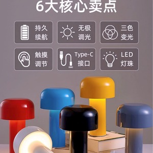 Nordic-Style <b>Mini</b> Mushroom-Shape Desk Lamp Type-C Rechargeable Three-Color Stepless Dimming Creative Touch Night Light Lamp - Product Image 2