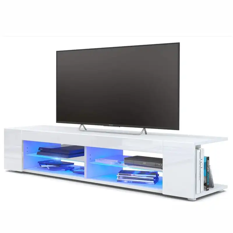 Ejoyous Modern White TV Stand mit LED Lights, High Gloss TV Stand 4 Storage Open Shelves Console Storage Media Display Cabinet