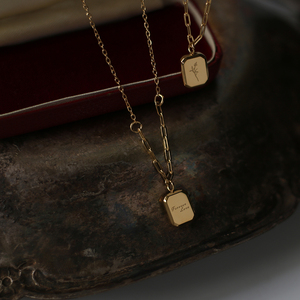 Stainless Steel 18K Gold Plated Link Chain Trendy Geometric Reversible Letter Design Lavender Glass Stone Pendant Necklace - Product Image 1