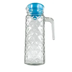 机器制造的玻璃果汁壶，带侧柄水罐，带塑料盖玻璃器皿罐