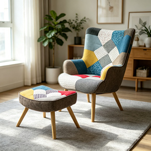 <span class=keywords><strong>Fauteuil</strong></span> Chesterfield à dossier haut Merry MR-AC026 en lin patchwork avec ottoman, tissu à carreaux, pieds en bois massif, design moderne, certifié BSCI - Product Image 2