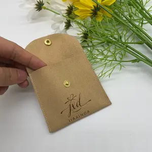 Custom Emboss Logo Snap Button Microfiber Gift Ring Earring Necklace Packing Envelope Pouch Faux Suede Jewelry Microfiber Bag