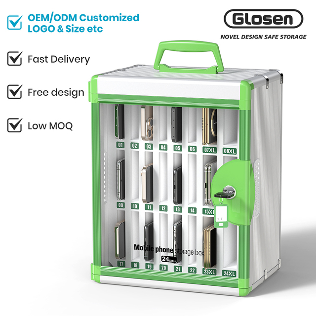 Glosen N2624 24 Slots Key-Operated Aluminum Alloy+Plastic Portable Lightweight Multifunction Cell Phone Box Phone Box with Lock