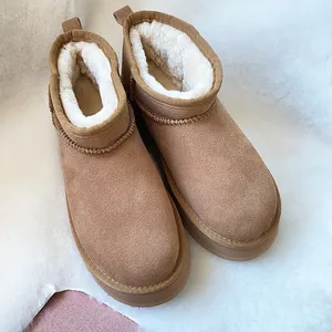 New Cute Outdoor Suede Wool Fur Snow Boots For Women Faux Fluffy Hot Selling Fur Slides Plush