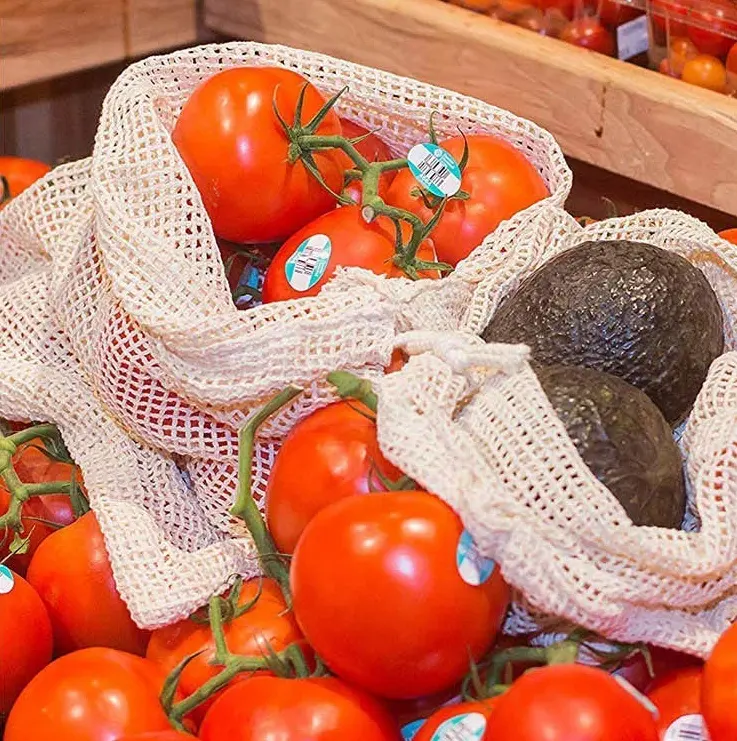 100% Biodegradable Cotton Reusable Mesh Cotton Produce Bag for Fruits Vegetable Grocery Shopping Organize
