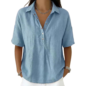 Camiseta de Lino de Manga Corta para Mujer, Cuello Camisero, Corte Holgado, Estilo Casual de Verano - Product Image 3