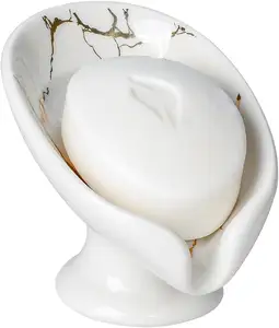 Porte-savon en céramique blanche pour douche porte-savon en porcelaine porte-savon en forme de feuille auto-drainant pour salle de bains