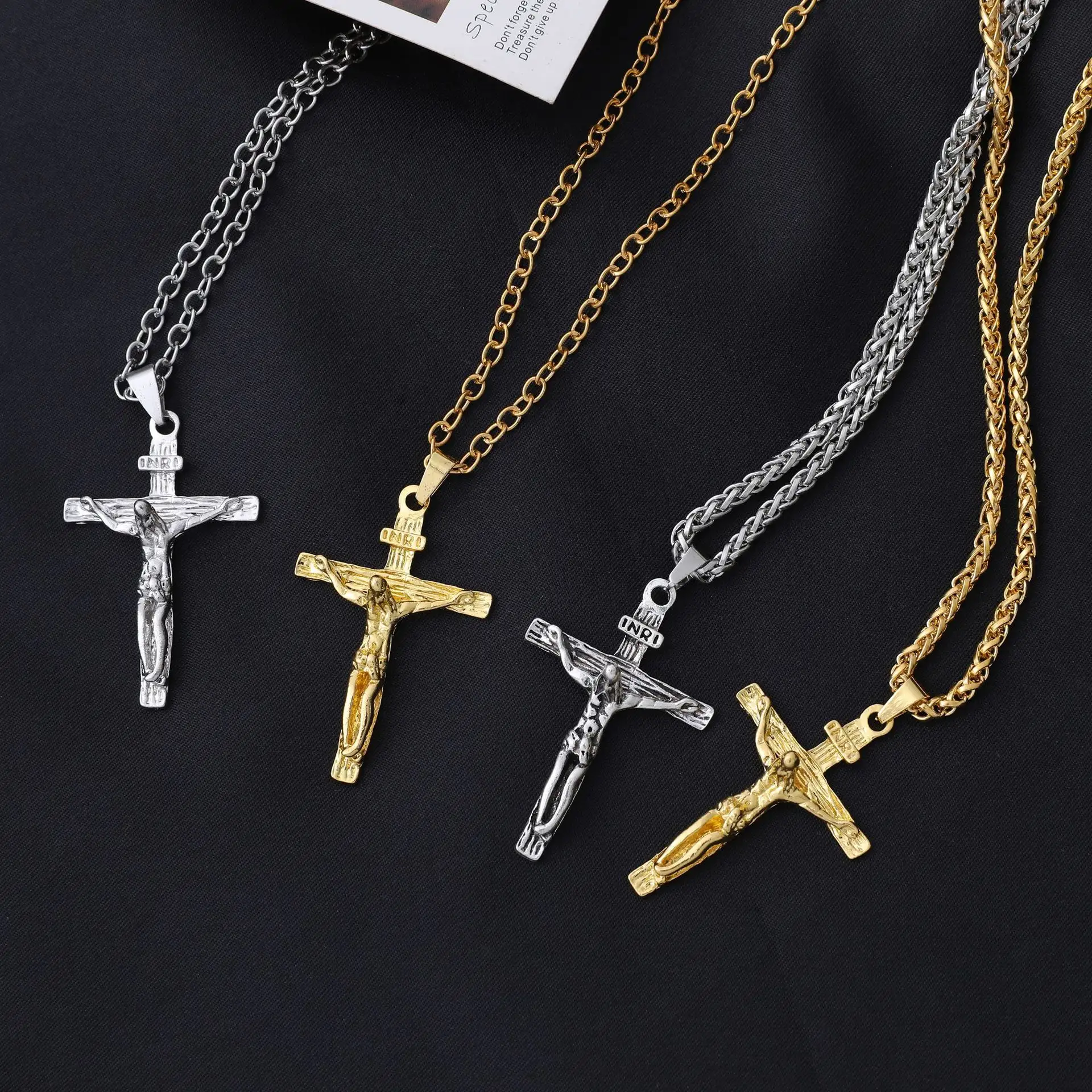 Hot Sale Religious Christian Jewelry Gold Color Crucifix Jesus Cross Pendant hip-hop keel chain necklace for men