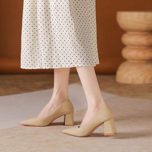 Escarpins à bout pointu et talon carré en cuir véritable, talon moyen, chaussures de bureau respirantes, couleur unie, chaussures de travail pour femmes 6555-1 - Product Image 3