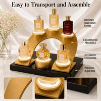Présentoir de Comptoir Lumineux LED Doré Brossé pour Parfums, 6 Socles Illuminés, Base en Acrylique Noir Brillant