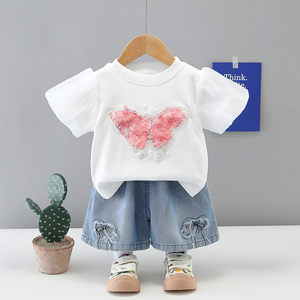 Completo Estivo per Bambina con Stampa Animalier, Stile Coreano Trendy, Logo, Poliestere/Cotone, Manica Corta, Due Pezzi con Pantaloncini, Tuta per Neonata 2026 - Product Image 3