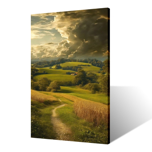 Tela eco-compatibile in stile realista supporta la pittura di paesaggio di dolci colline di campagna sentiero tortuoso campo di grano maturo chiaro - Product Image 1