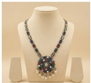 Women's Multi-Color Stone and Pearl <b>Circular</b> Medallion Oxydized Necklace Traditional Ethnic Statement Jewelry Fashion - Product Image 1